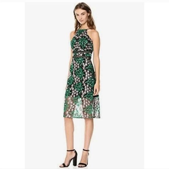 Sam Edelman Embroide Black Green Floral Lace Midi Holiday Cocktail Dress 6 - Picture 1 of 8